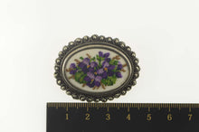 Load image into Gallery viewer, Sterling Silver Retro Cross Stitch Violet Flowers Oval Elaborate Pin/Brooch