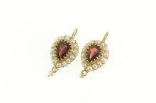 Load image into Gallery viewer, 14K Pear Cut Garnet Pearl Halo Dangle Hook Back Earrings Yellow Gold