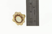Load image into Gallery viewer, 10K Oval Natural Opal Garnet Halo Filigree Statement Ring Yellow Gold