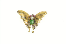 Load image into Gallery viewer, 14K 1950's Jade Pearl Syn. Ruby Butterfly Statement Pin/Brooch Yellow Gold