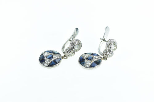 10K 3.60 Ctw Diamond Sapphire Art Deco Plat Earrings White Gold