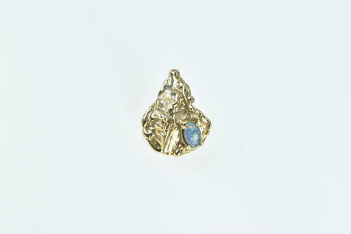 14K Oyster Shell Black Opal Ornate Single Stud Earring Yellow Gold