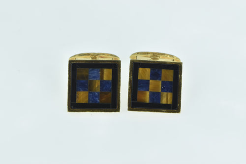 18K Lapis Lazuli Tiger's Eye Onyx Square Men's Cuff Links Yellow Gold