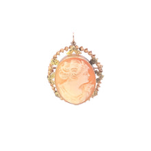Load image into Gallery viewer, 10K Victorian Carved Lady Cameo Floral Trim Pendant/Pin Yellow Gold