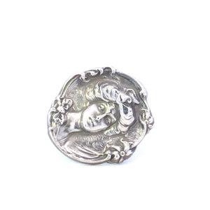 Sterling Silver Art Nouveau Floral Framed Lady Vintage Pin/Brooch