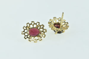 14K Oval Garnet Ornate Filigree Vintage Stud Earrings Yellow Gold