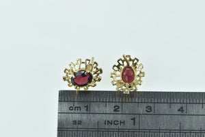 14K Oval Garnet Ornate Filigree Vintage Stud Earrings Yellow Gold