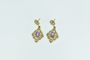 14K Amethyst Ornate Etruscan Revival Dangle Earrings Yellow Gold