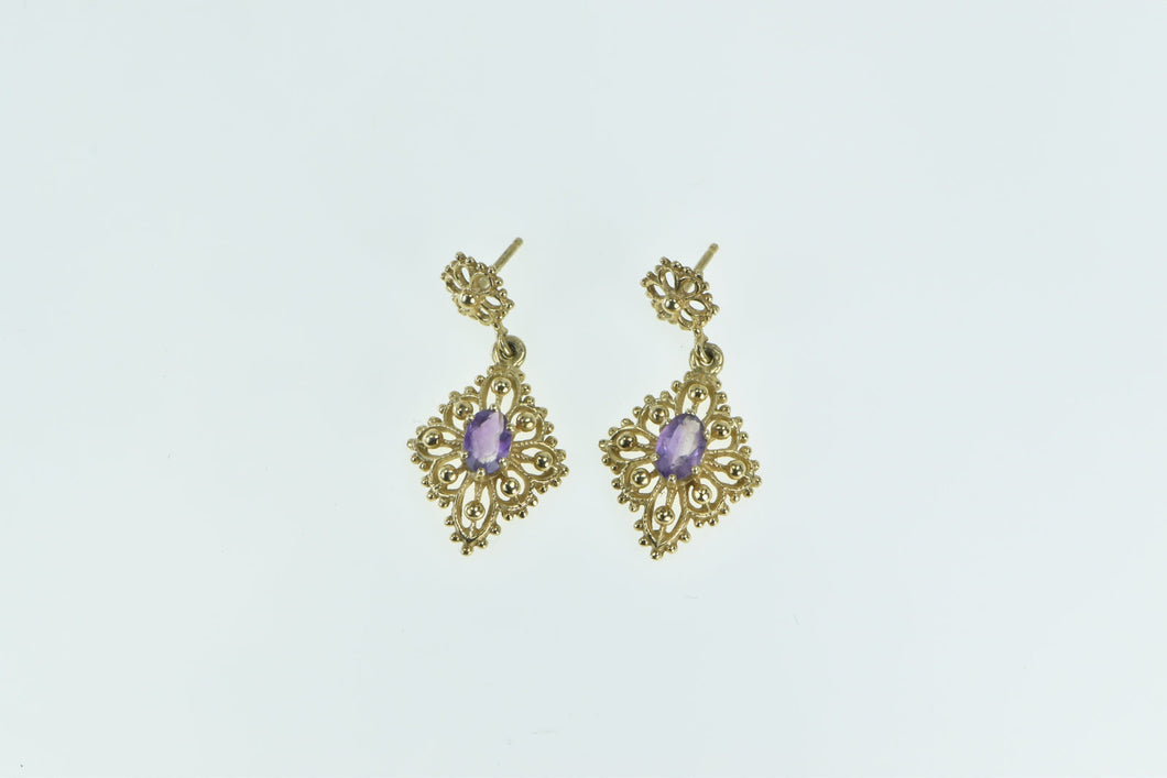 14K Amethyst Ornate Etruscan Revival Dangle Earrings Yellow Gold