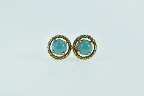 14K Turquoise Ornate Cabochon Rope Trim Stud Earrings Yellow Gold