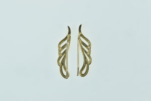 14K Vintage Wavy Curvy Feather Leaf Dangle Earrings Yellow Gold