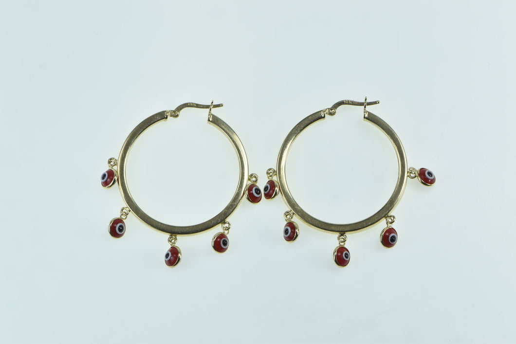 14K Red Evil Eye Nazar Fringe 33.5mm Hoop Earrings Yellow Gold