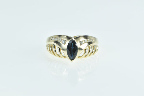 14K Marquise Sapphire Diamond Vintage Chevron Ring Yellow Gold