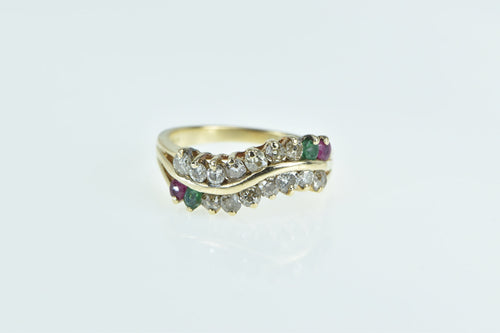14K Diamond Ruby Emerald Wavy Band Ring Yellow Gold