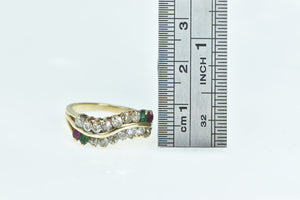 14K Diamond Ruby Emerald Wavy Band Ring Yellow Gold