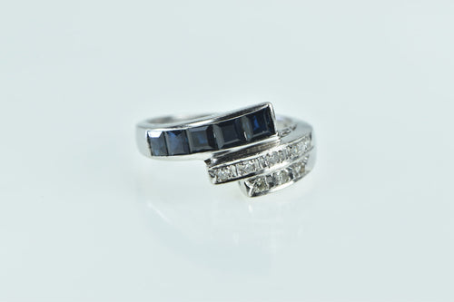 14K Ornate Princess Sapphire Diamond Bypass Ring White Gold
