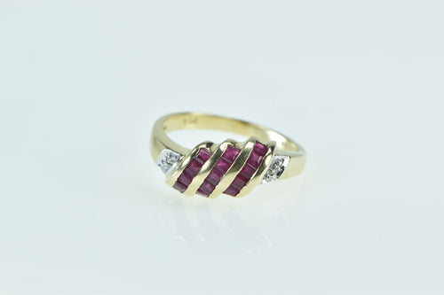 14K Princess Ruby Curved Diamond Statement Ring Yellow Gold