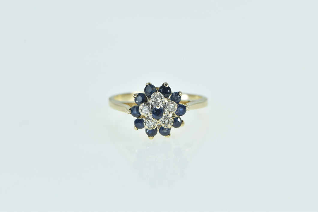 14K Round Sapphire Diamond Halo Cluster Vintage Ring Yellow Gold