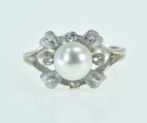 14K 1940's Pearl Diamond Ornate Vintage Ring White Gold