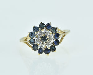 10K Round Sapphire Diamond Halo Cluster Vintage Ring Yellow Gold