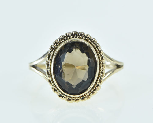 9K Oval Smoky Quartz Ornate Vintage Statement Ring Yellow Gold