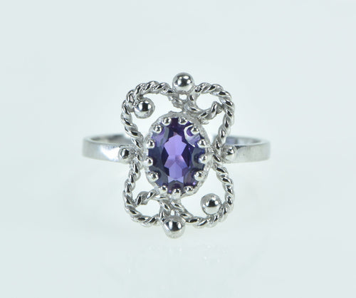 10K Oval Amethyst Filigree Ornate Rope Ring White Gold