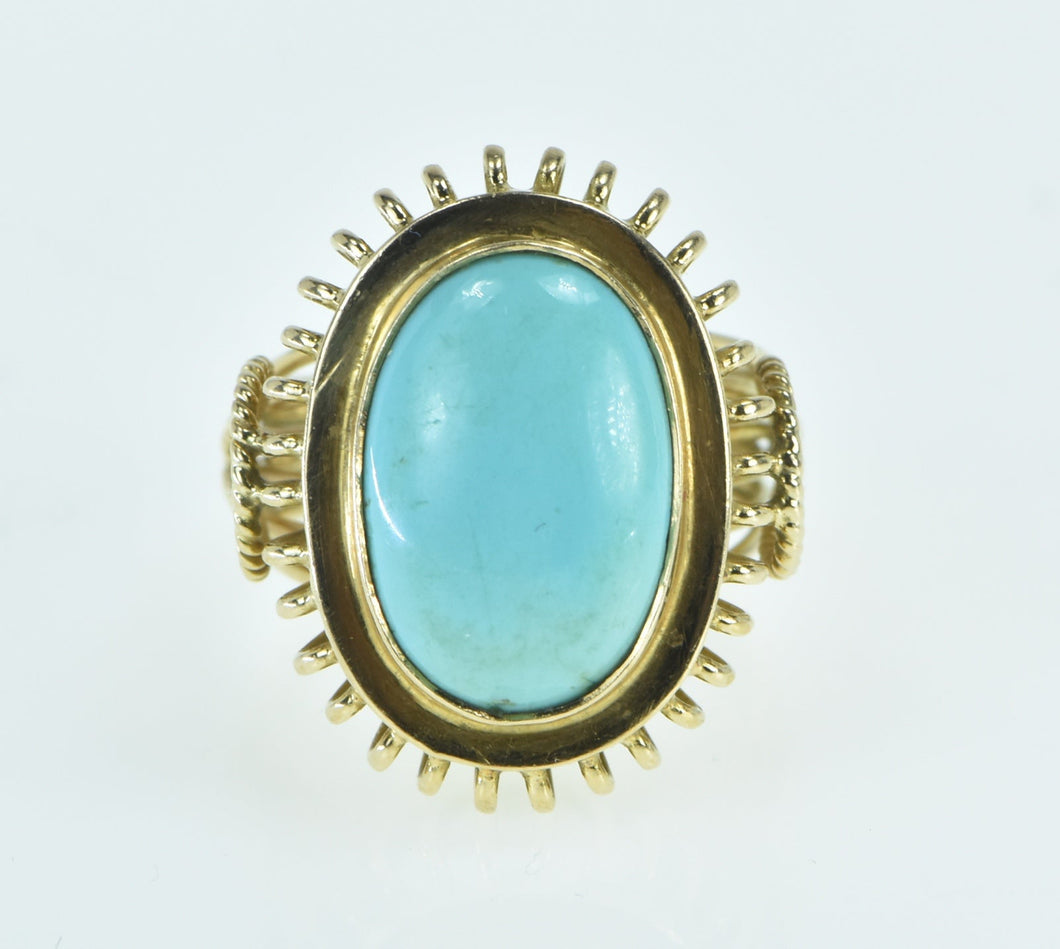 18K Oval Turquoise Vintage Filigree Cabochon Ring Yellow Gold