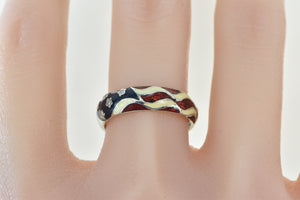 18K Diamond Enamel American Flag Patriotic Ring Yellow Gold