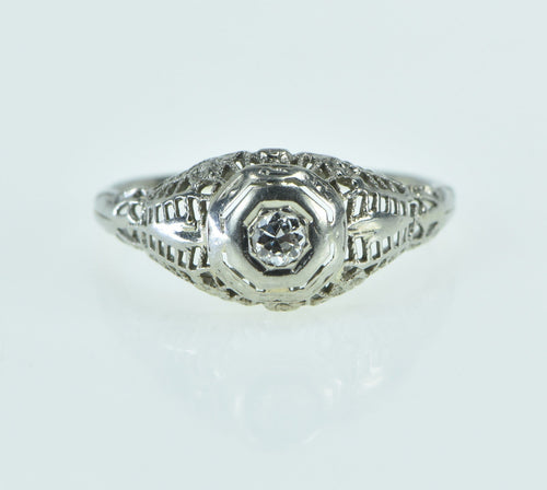 18K Art Deco Filigree Diamond Engagement Ring White Gold