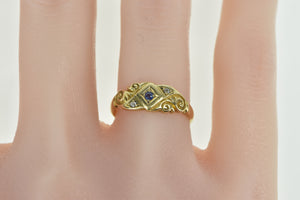 18K Victorian Ornate Sapphire Diamond Statement Ring Yellow Gold
