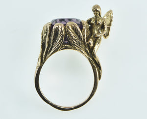14K Ornate Oval Amethyst Fairy Cocktail Ring Yellow Gold