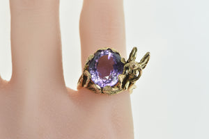 14K Ornate Oval Amethyst Fairy Cocktail Ring Yellow Gold