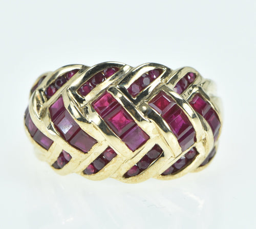 14K Ruby Encrusted Domed Knot Statement Band Ring Yellow Gold