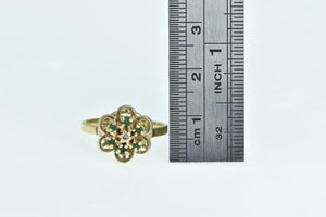 14K Vintage Emerald Flower Diamond Cluster Ring Yellow Gold