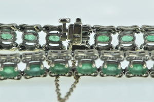 14K Oval Emerald Diamond Vintage Statement Bracelet 6.75" White Gold