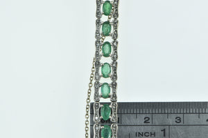 14K Oval Emerald Diamond Vintage Statement Bracelet 6.75" White Gold