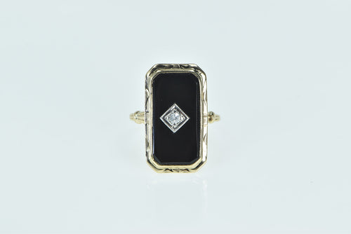 10K Black Onyx Diamond Ornate Statement Ring Yellow Gold