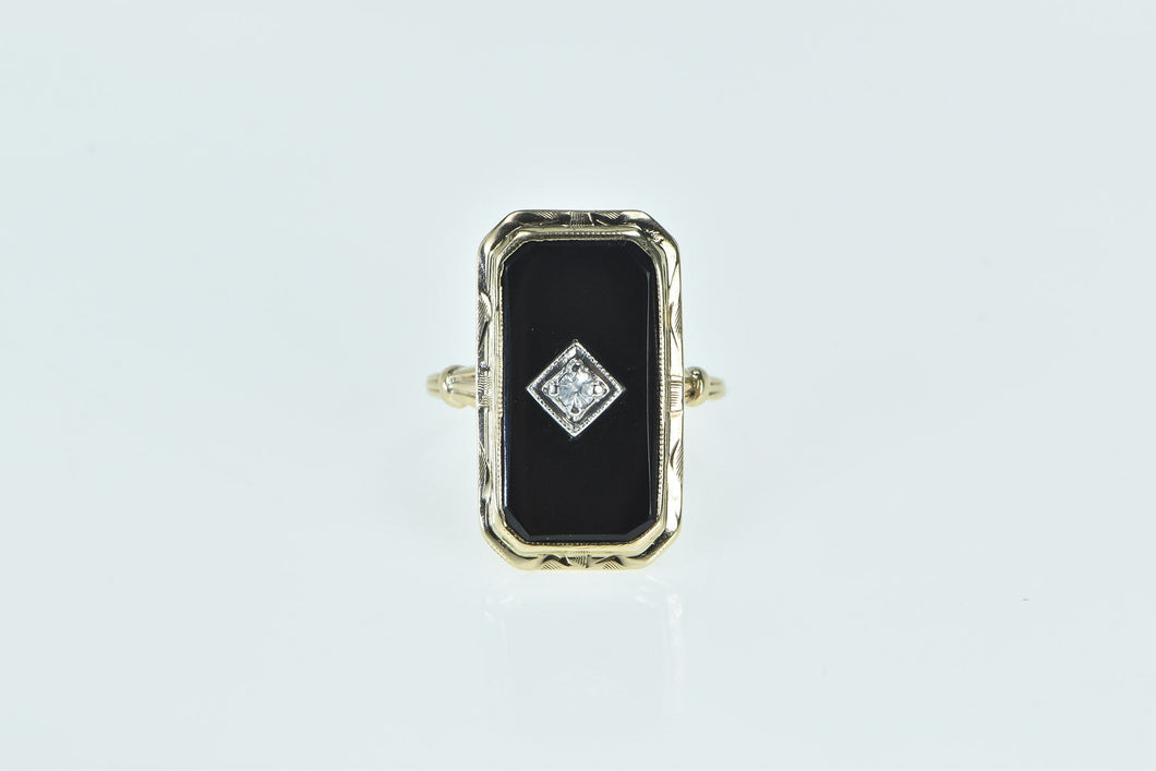 10K Black Onyx Diamond Ornate Statement Ring Yellow Gold