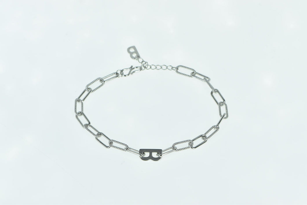 Platinum 7.25mm B Letter Monogram Paperclip Chain Bracelet 7.25