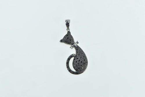 14K Pave Black Diamond Cat Kitty Kitten Pet Pendant White Gold