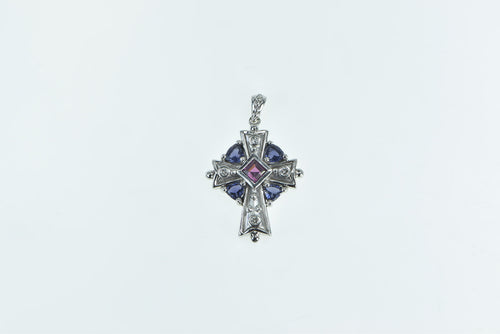 14K Pink Sapphire Tanzanite Diamond Cross Pendant White Gold