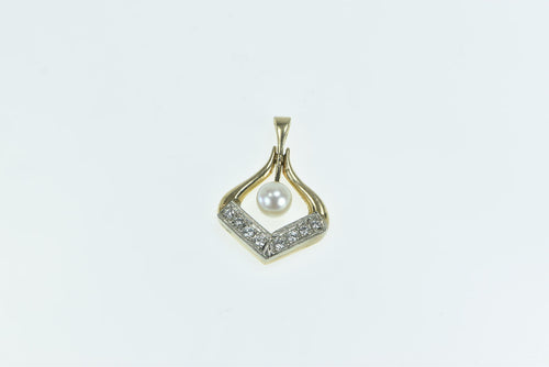 14K Vintage Pearl Diamond Chevron Drop Pendant Yellow Gold