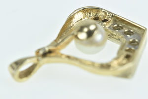 14K Vintage Pearl Diamond Chevron Drop Pendant Yellow Gold