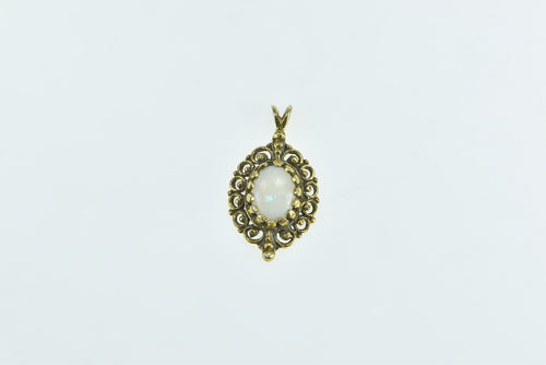 14K Oval Natural Opal Vintage Filigree Statement Pendant Yellow Gold