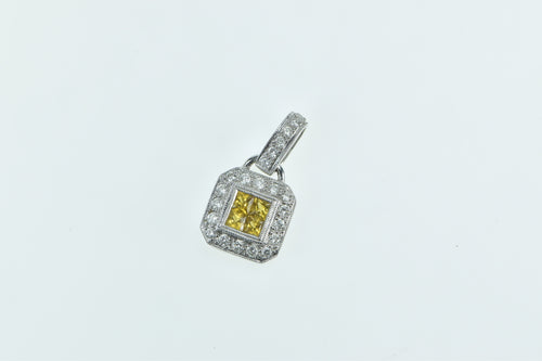 18K Princess Yellow Sapphire Diamond Halo Pendant White Gold