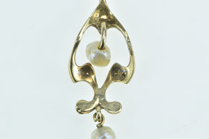 14K Victorian Seed Pearl Dangle Drop Ornate Pendant Yellow Gold