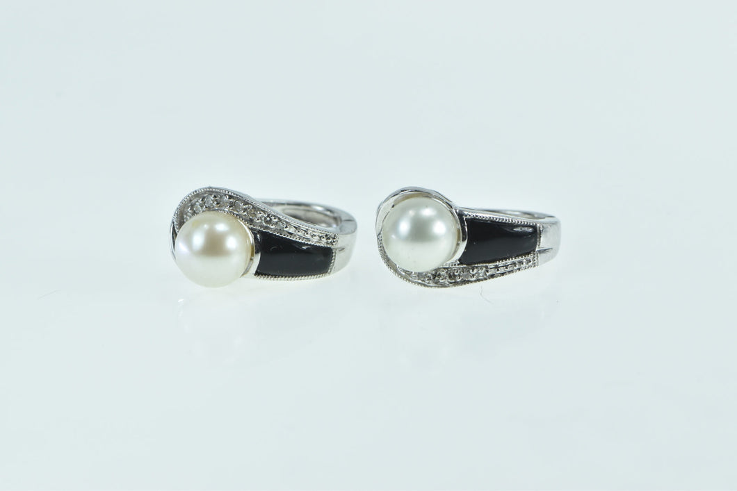 10K Pearl Black Onyx Diamond French Clip Earrings White Gold
