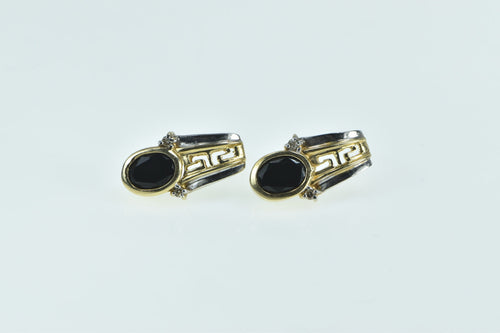 10K Oval Black Onyx Diamond Two Tone Earrings Yellow Gold