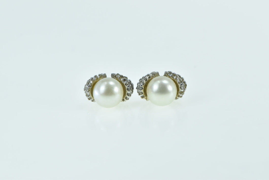 14K Pearl Diamond Encrusted Vintage Stud Earrings Yellow Gold