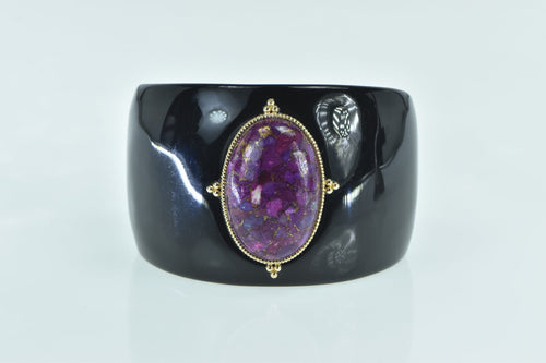 14K Oval Pyritic Sugilite Black Resin Cuff Bracelet 7